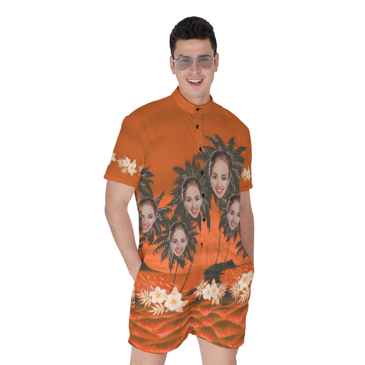 Funny Custom Face Palm Tree Men's Hawaiian Romper - variant image 1