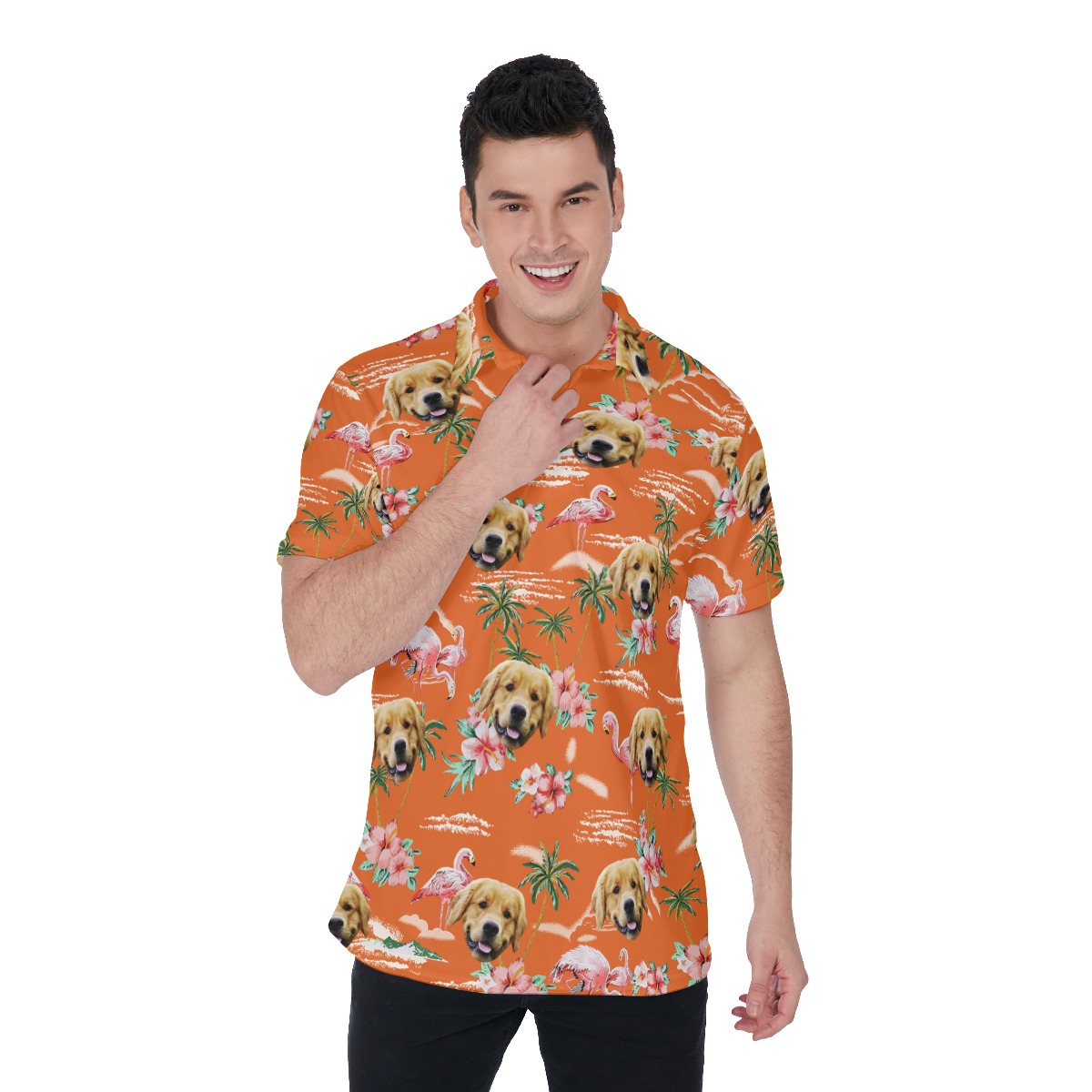 Orange Beach Flamingo Collared Shirt With Dog Face - variant image 1