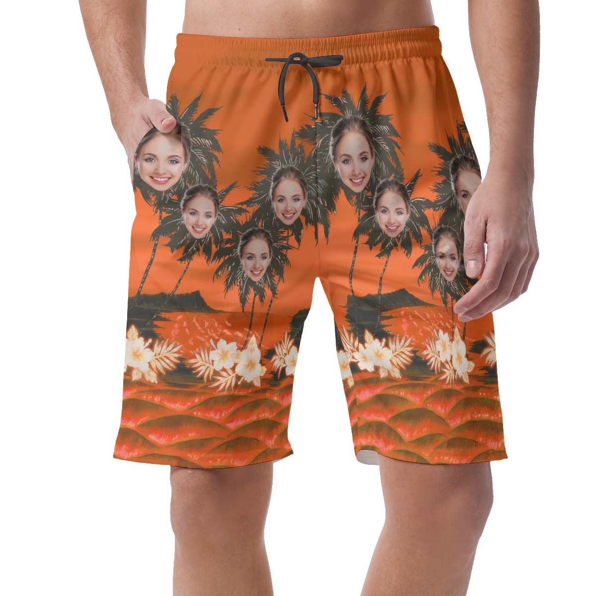 Funny Custom Face With Palm Tree Orange Hawaiian Beach Shorts - variant image 1