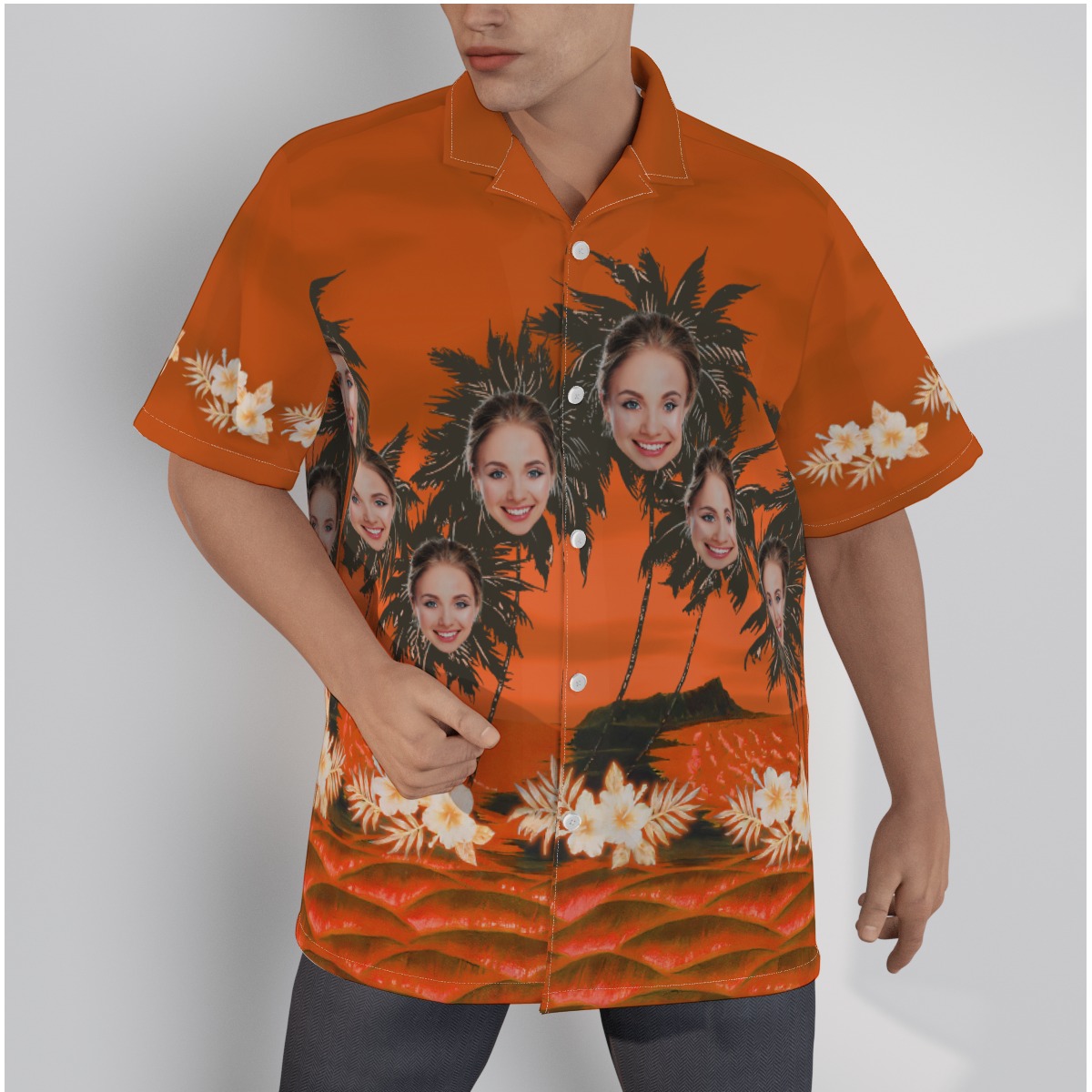 Orange Custom Face Palm Tree Men's Hawaiian Shirt - variant image 1