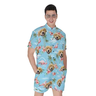 Flamingo Light Blue Men's Romper With Dog Face