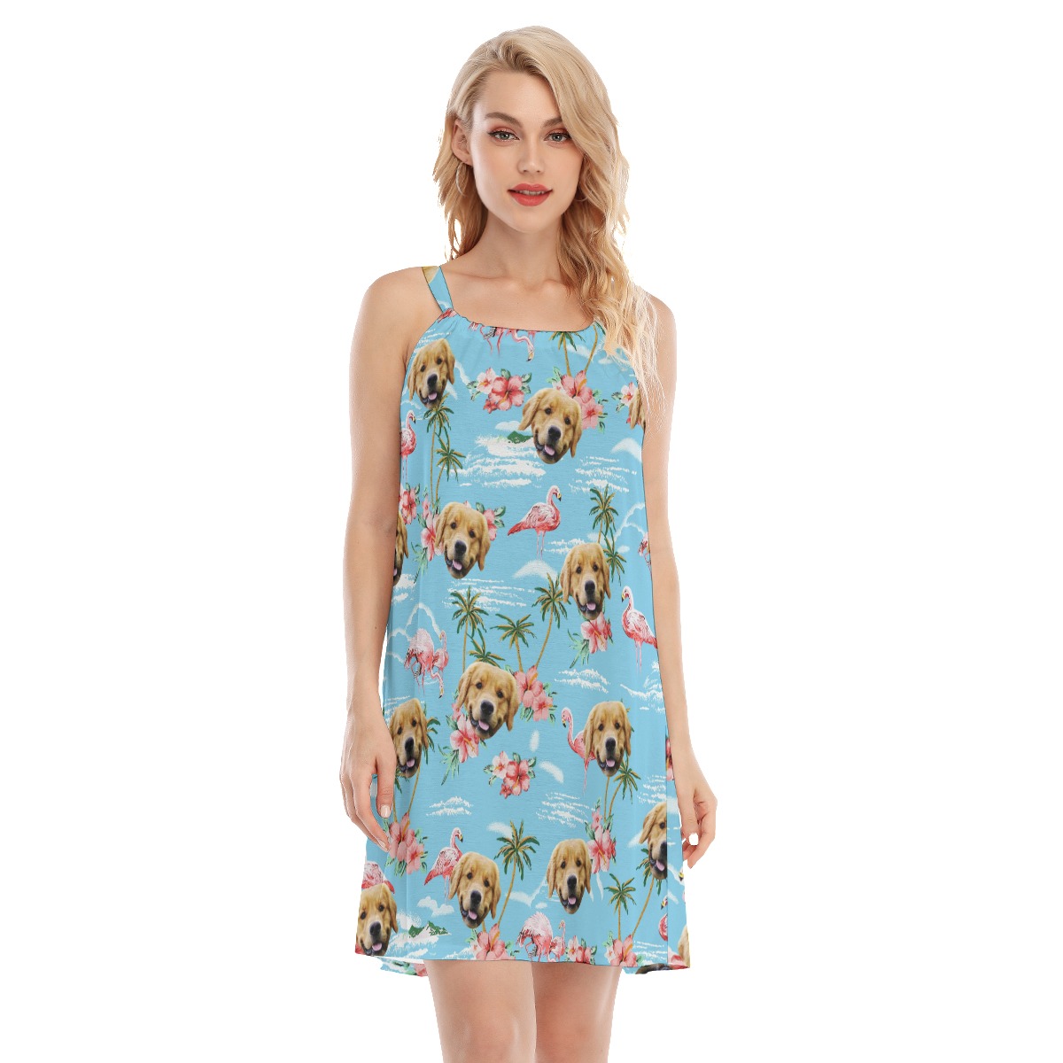Light Blue Flamingo Cami Dress With Dog Face - variant image 1