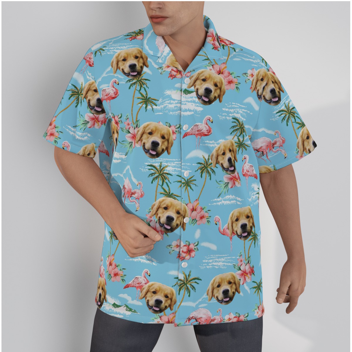 Light Blue Flamingo Men's Hawaiian Shirt With Dog Face - variant image 1