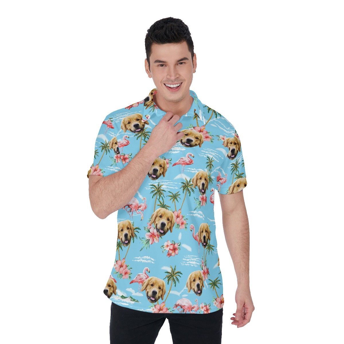 Light Blue Flamingo Beach Polo Shirt With Dog Face - variant image 1