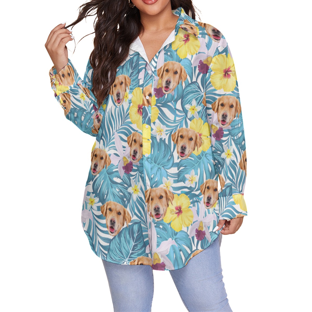 Custom Pet Face Women's Plus Size Hawaiian Shirt - variant image 1