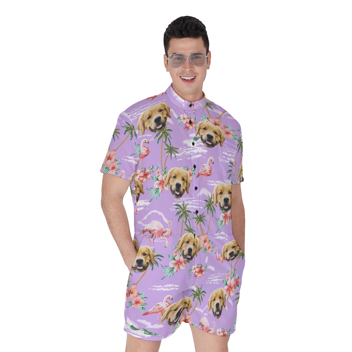 Flamingo Purple Beach Men's Hawaiian Romper With Dog Face - variant image 1