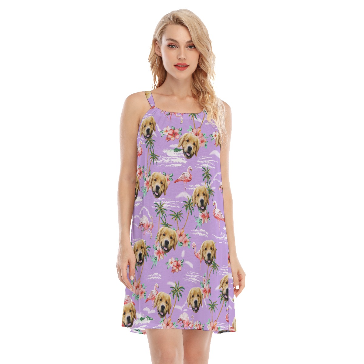 Flamingo Purple Women's Cami Dress With Dog Face - variant image 1