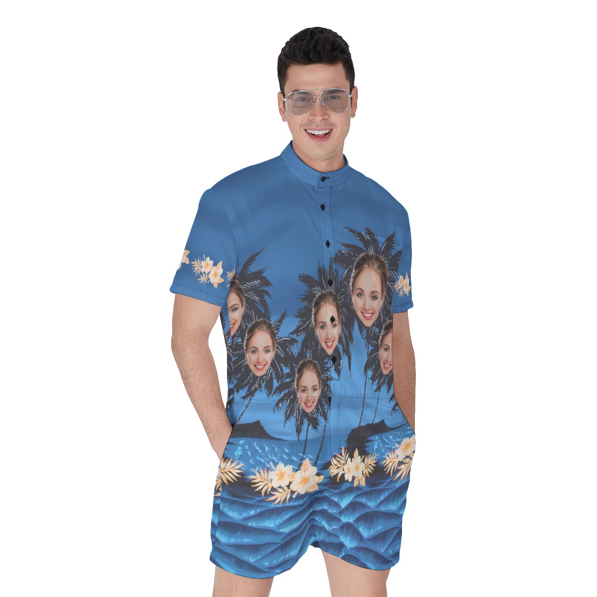 Custom Face Palm Tree Men's Hawaiian Romper For Summer - variant image 1