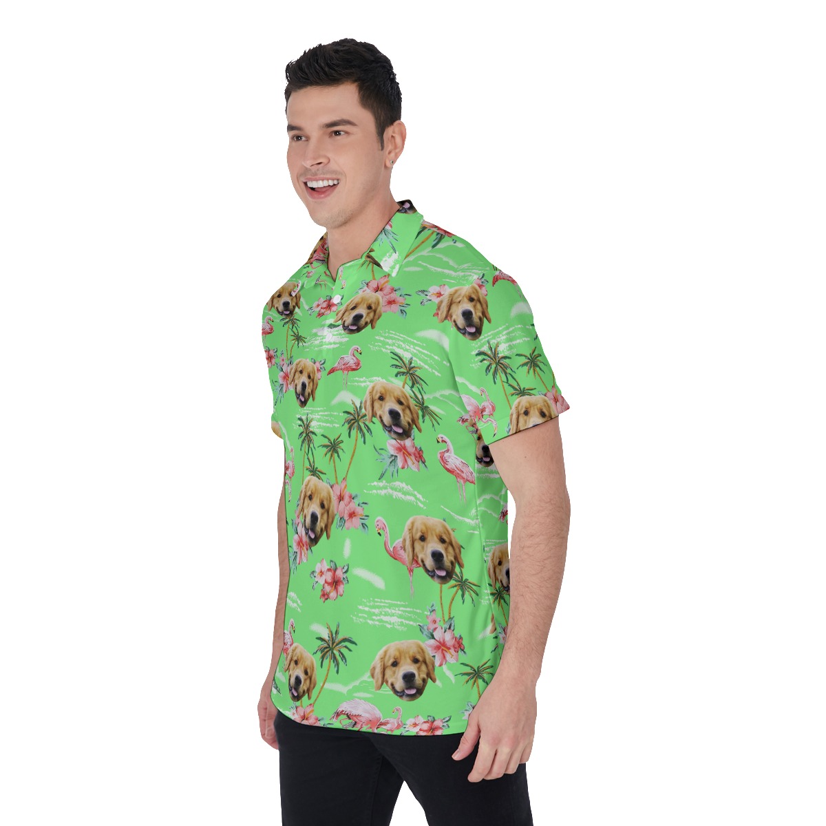 Green Flamingo Custom Dog Face Men's Beach Polo Shirt