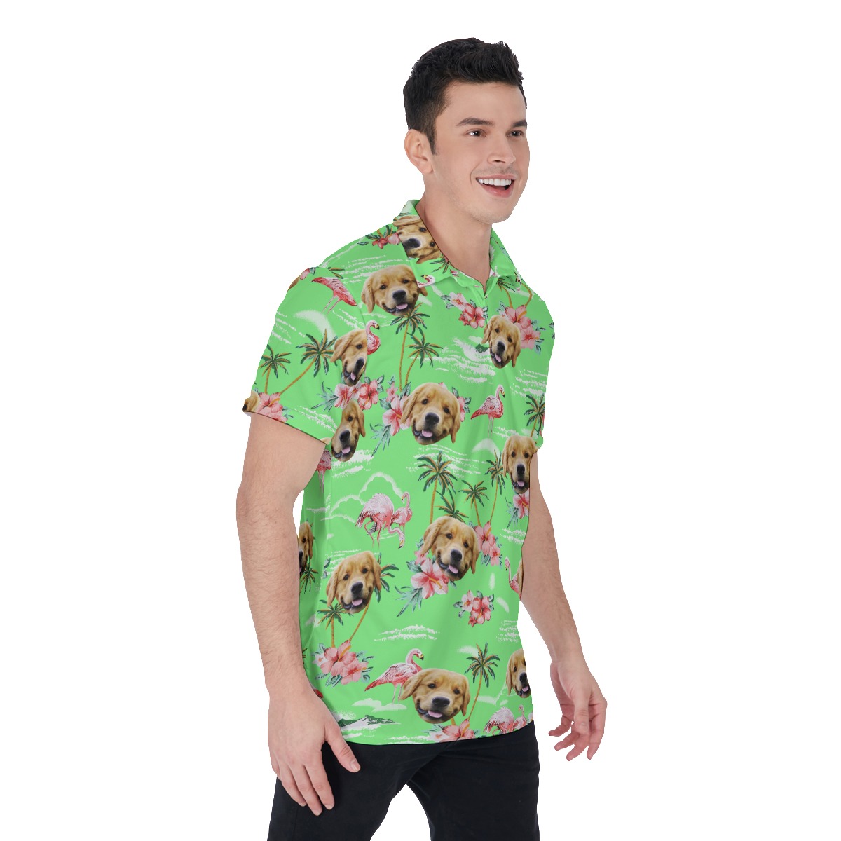 Green Flamingo Custom Dog Face Men's Beach Polo Shirt