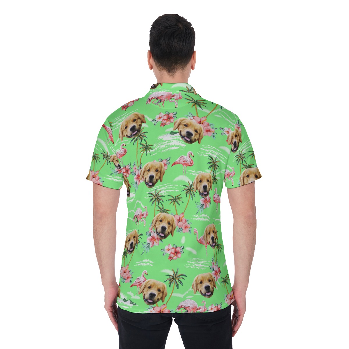 Green Flamingo Custom Dog Face Men's Beach Polo Shirt