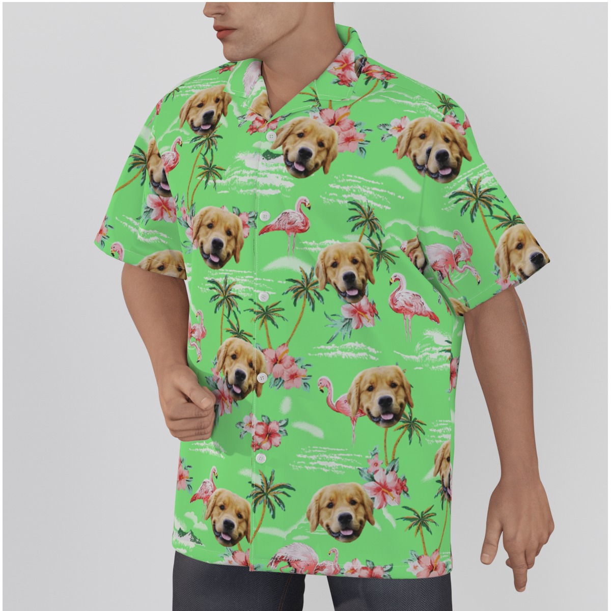 Green Flamingo Men's Button Up Shirt With Dog Face