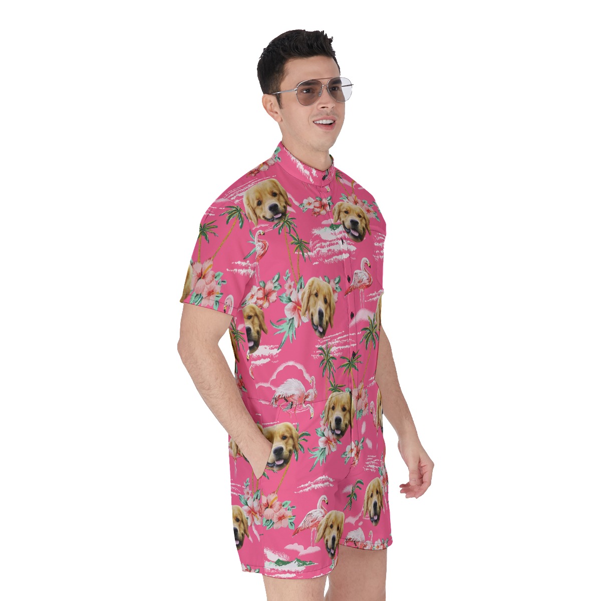 Funny Pink Flamingo Men's Hawaiian Romper With Custom Dog Face