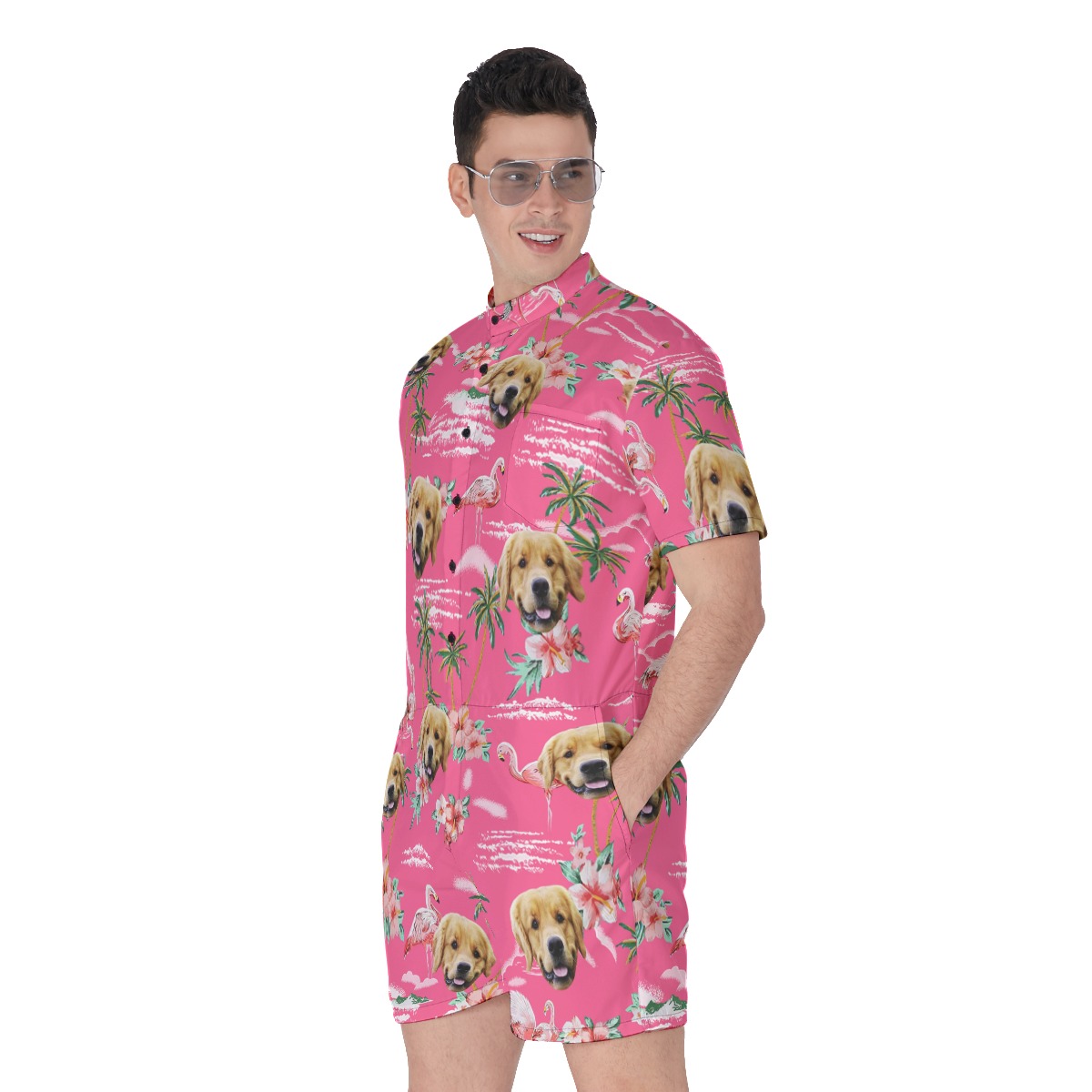 Funny Pink Flamingo Men's Hawaiian Romper With Custom Dog Face