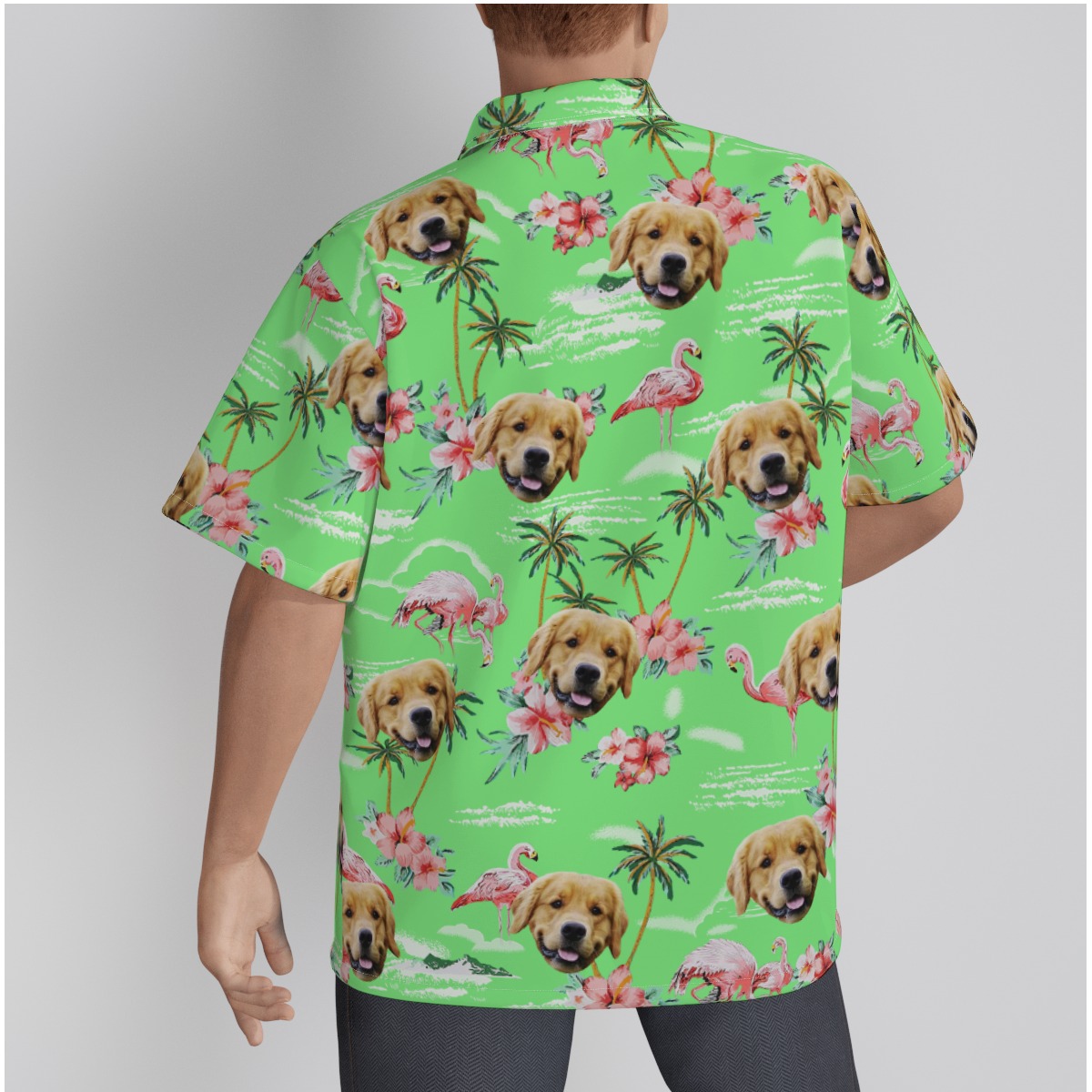 Green Flamingo Men's Button Up Shirt With Dog Face