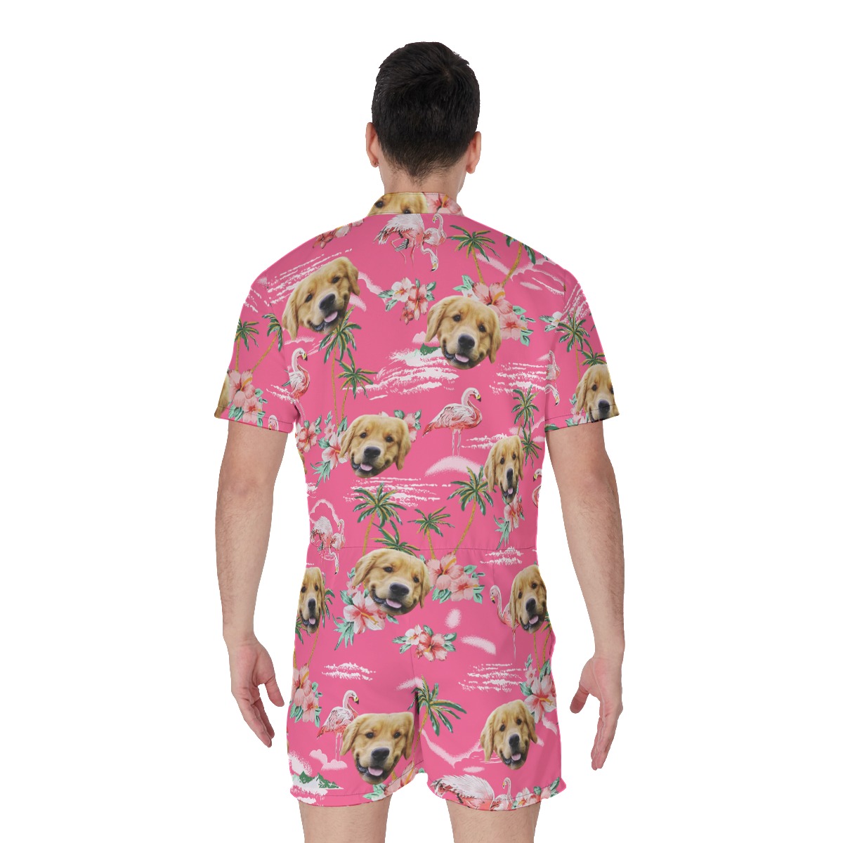 Funny Pink Flamingo Men's Hawaiian Romper With Custom Dog Face