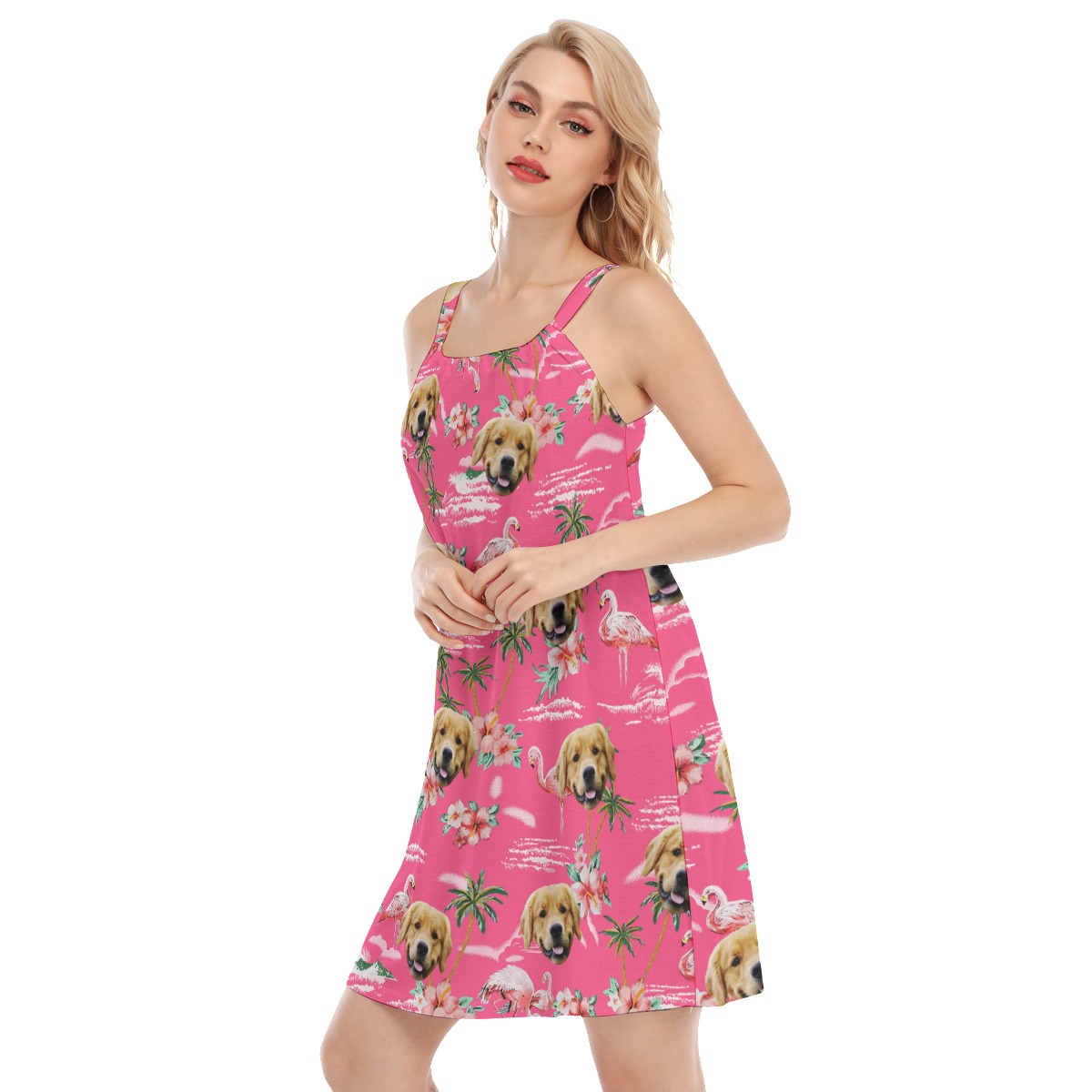 Custom Dog Face Beach Pink Cami Dress