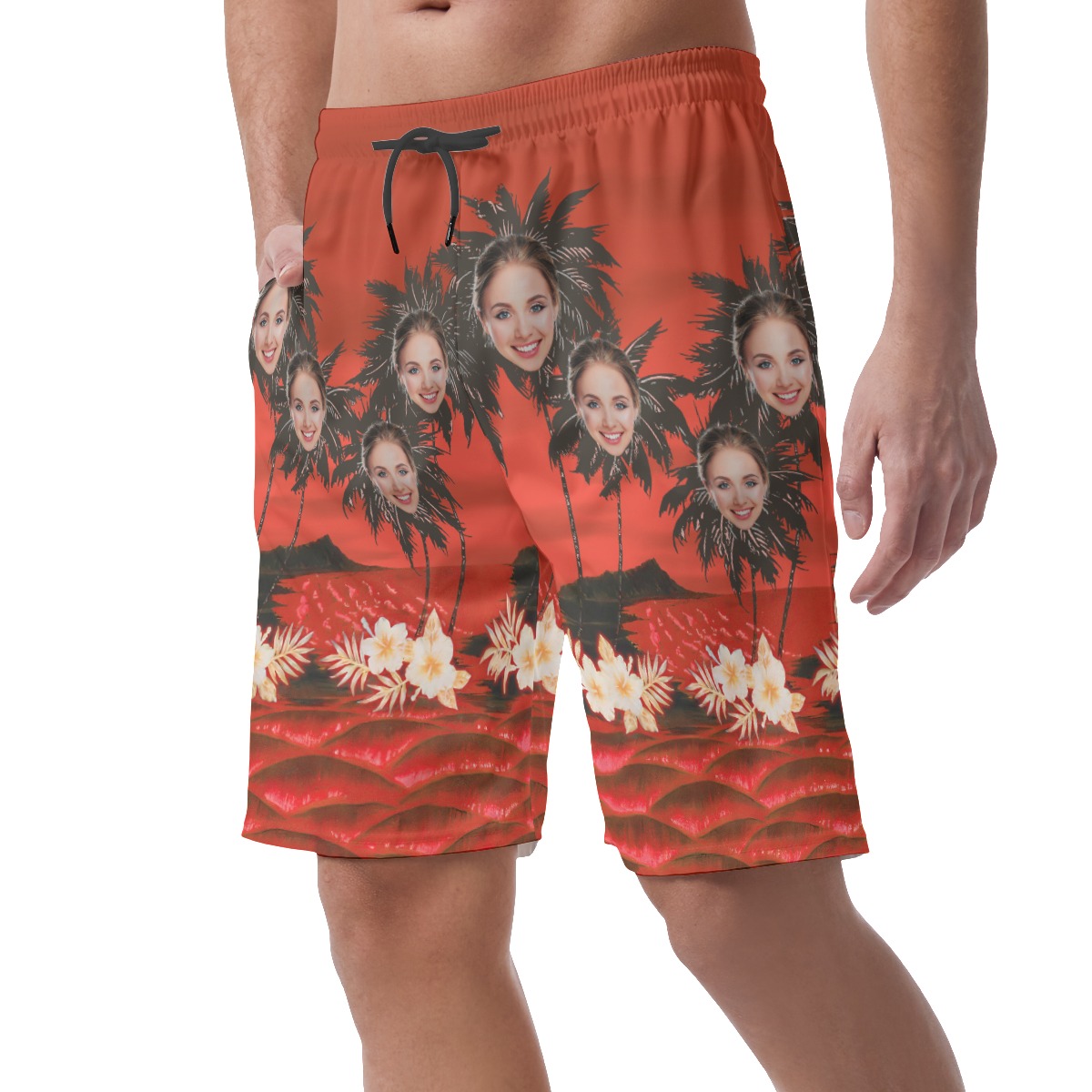Palm Tree Custom Face Red Hawaiian Summer Beach Shorts For Men