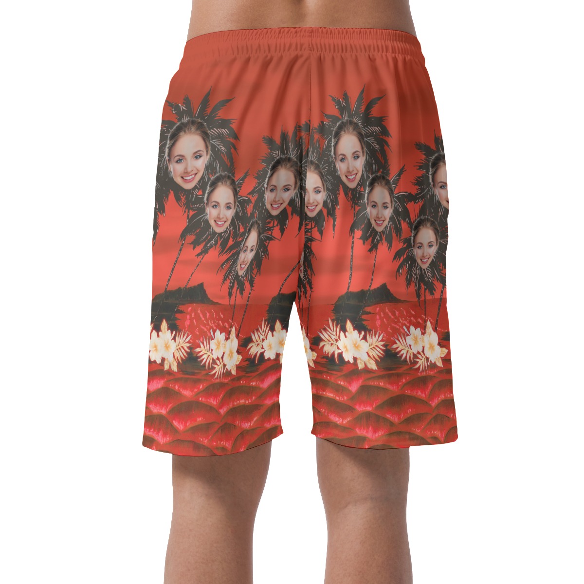 Palm Tree Custom Face Red Hawaiian Summer Beach Shorts For Men