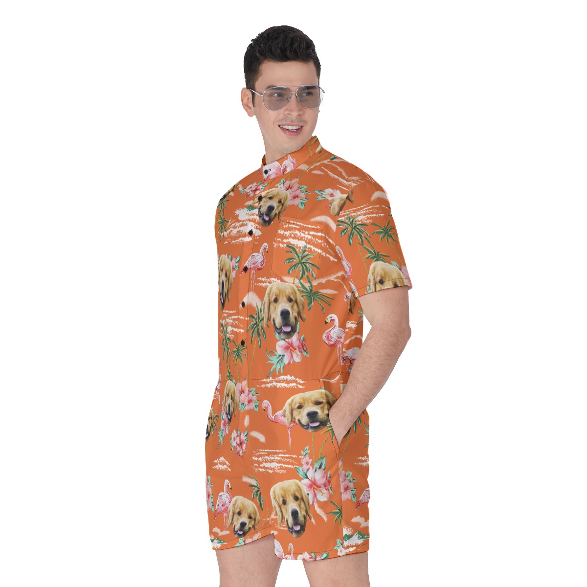 Orange Custom Dog Face Men's Hawaiian Romper