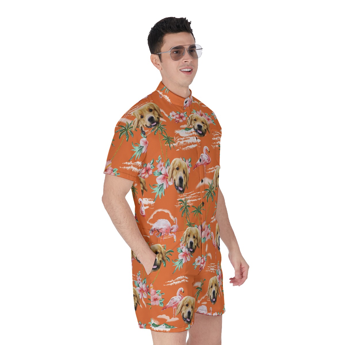 Orange Custom Dog Face Men's Hawaiian Romper