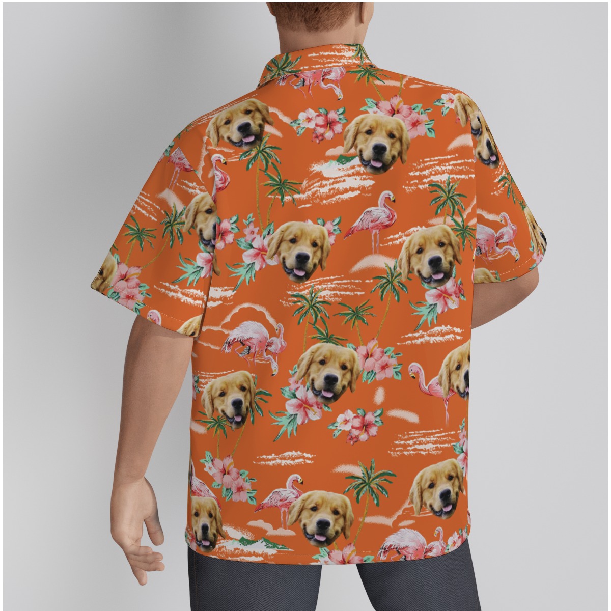 Orange Beach Flamingo Button Up Shirt With Dog Face