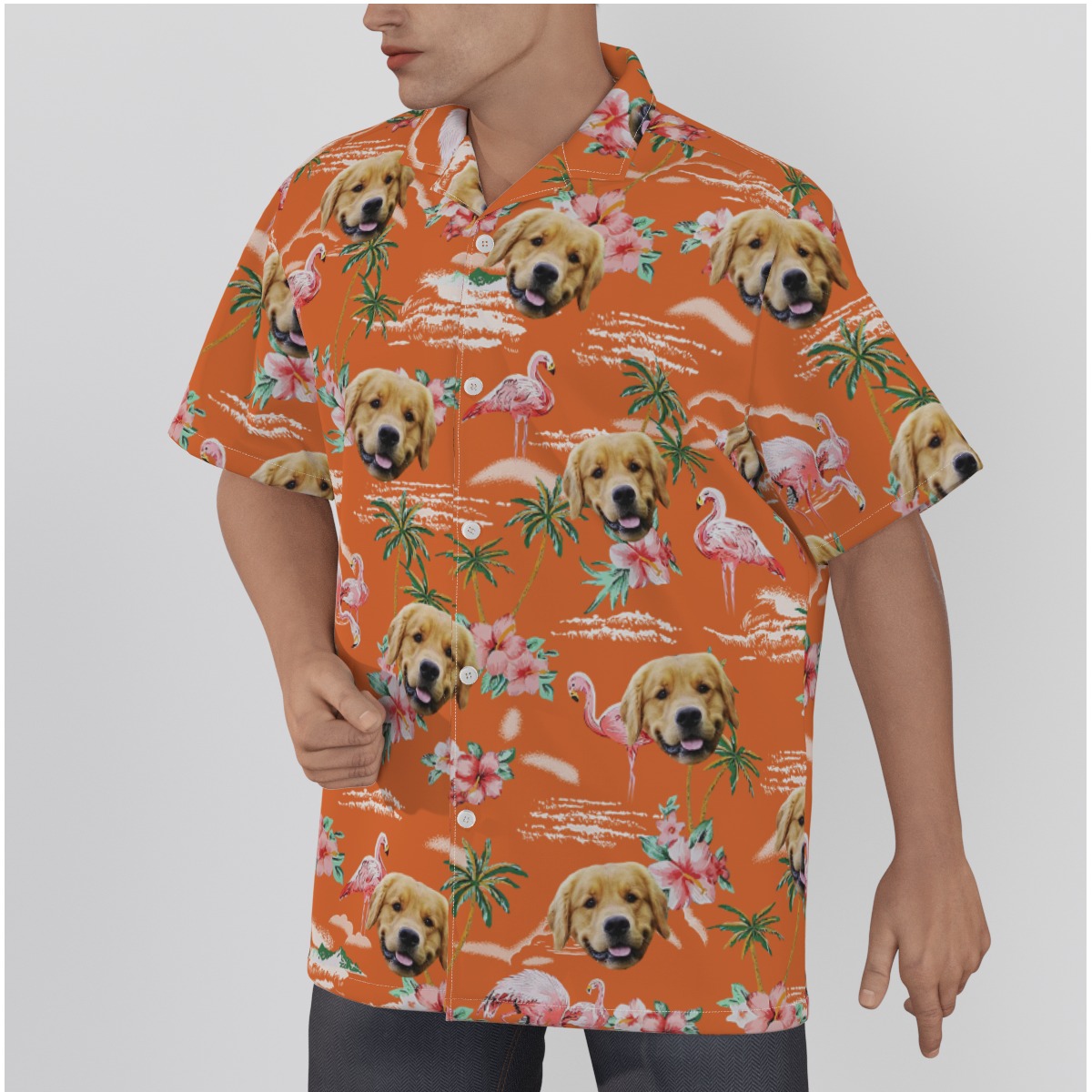 Orange Beach Flamingo Button Up Shirt With Dog Face