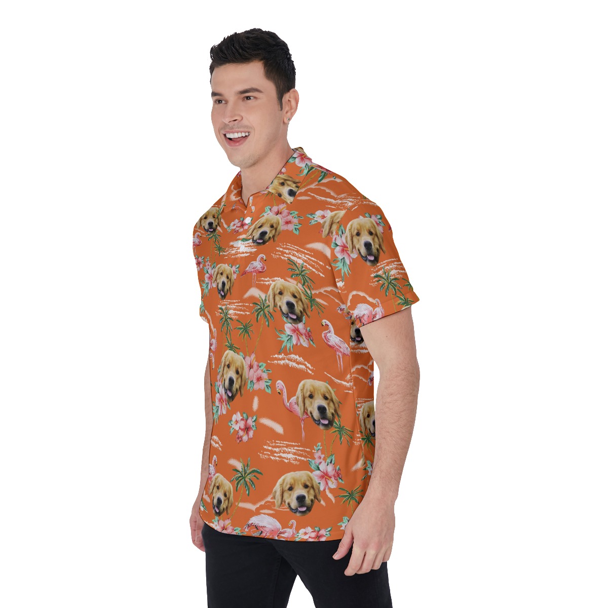 Orange Beach Flamingo Collared Shirt With Dog Face