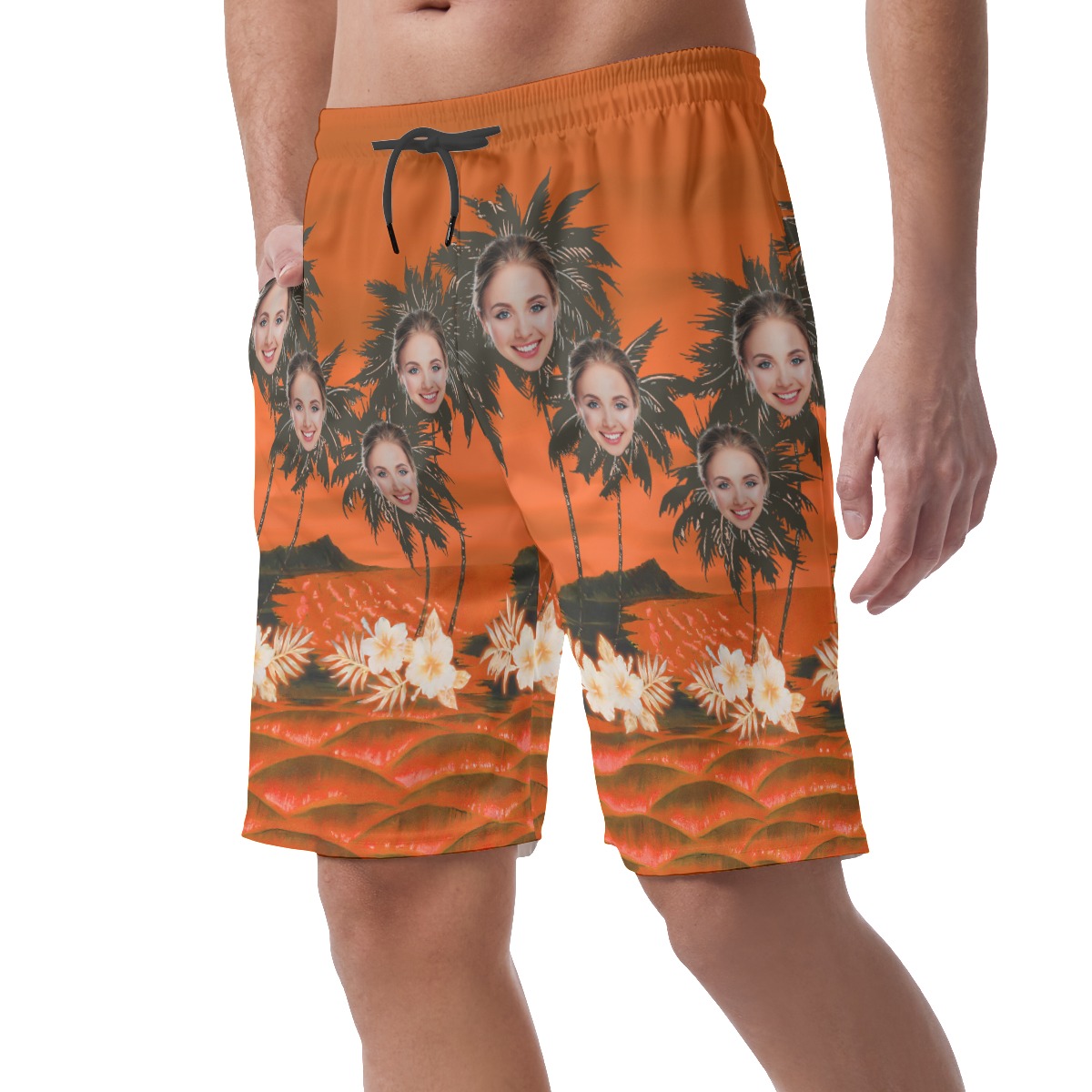 Funny Custom Face With Palm Tree Orange Hawaiian Beach Shorts