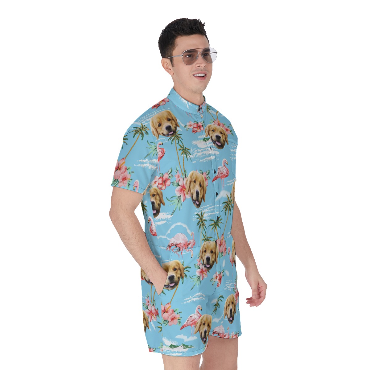 Flamingo Light Blue Men's Romper With Dog Face