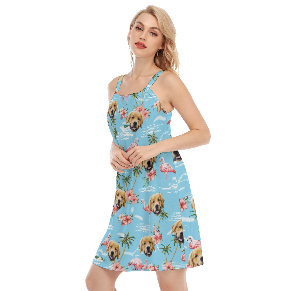 Light Blue Flamingo Cami Dress With Dog Face