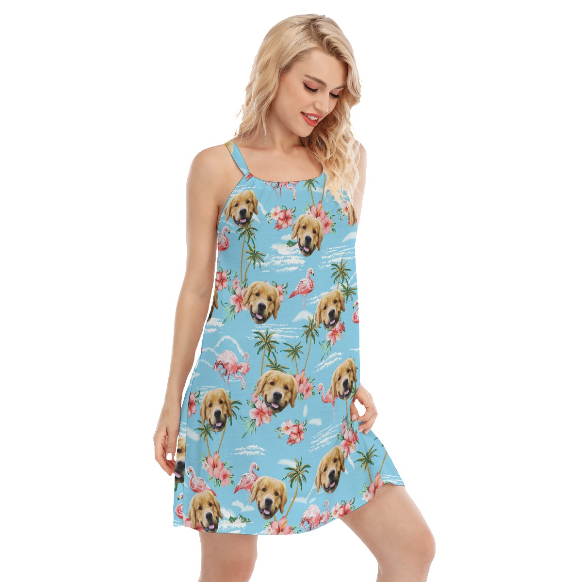 Light Blue Flamingo Cami Dress With Dog Face