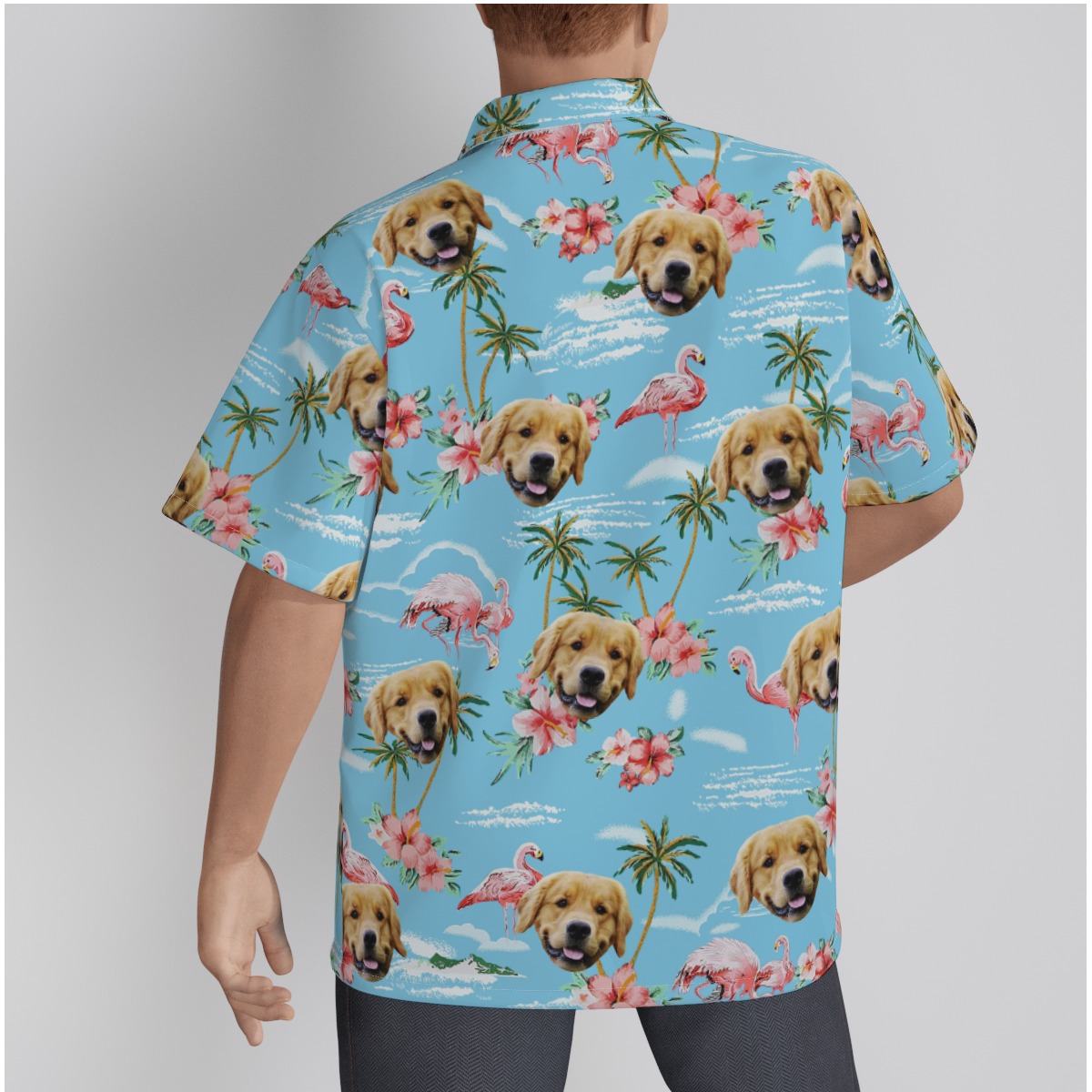 Light Blue Flamingo Men's Hawaiian Shirt With Dog Face