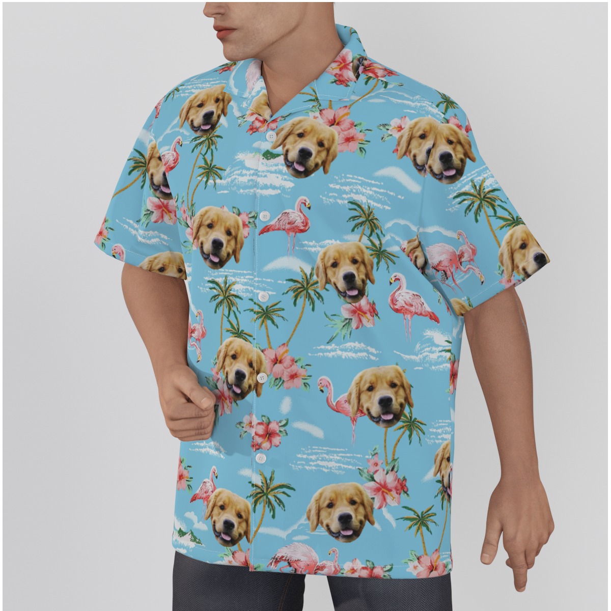 Light Blue Flamingo Men's Hawaiian Shirt With Dog Face