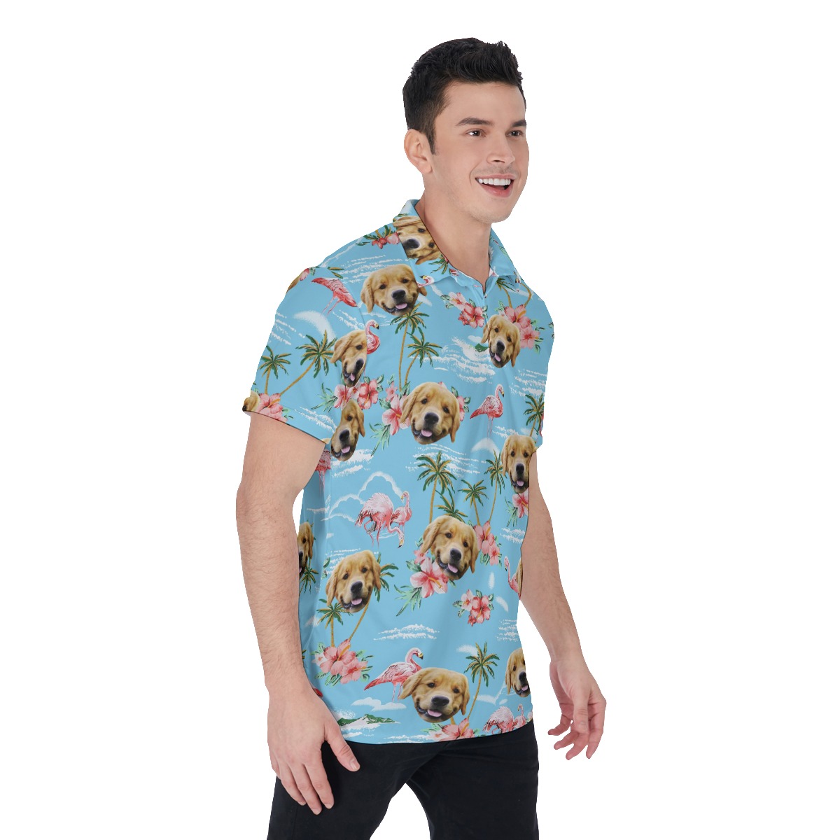 Light Blue Flamingo Beach Polo Shirt With Dog Face