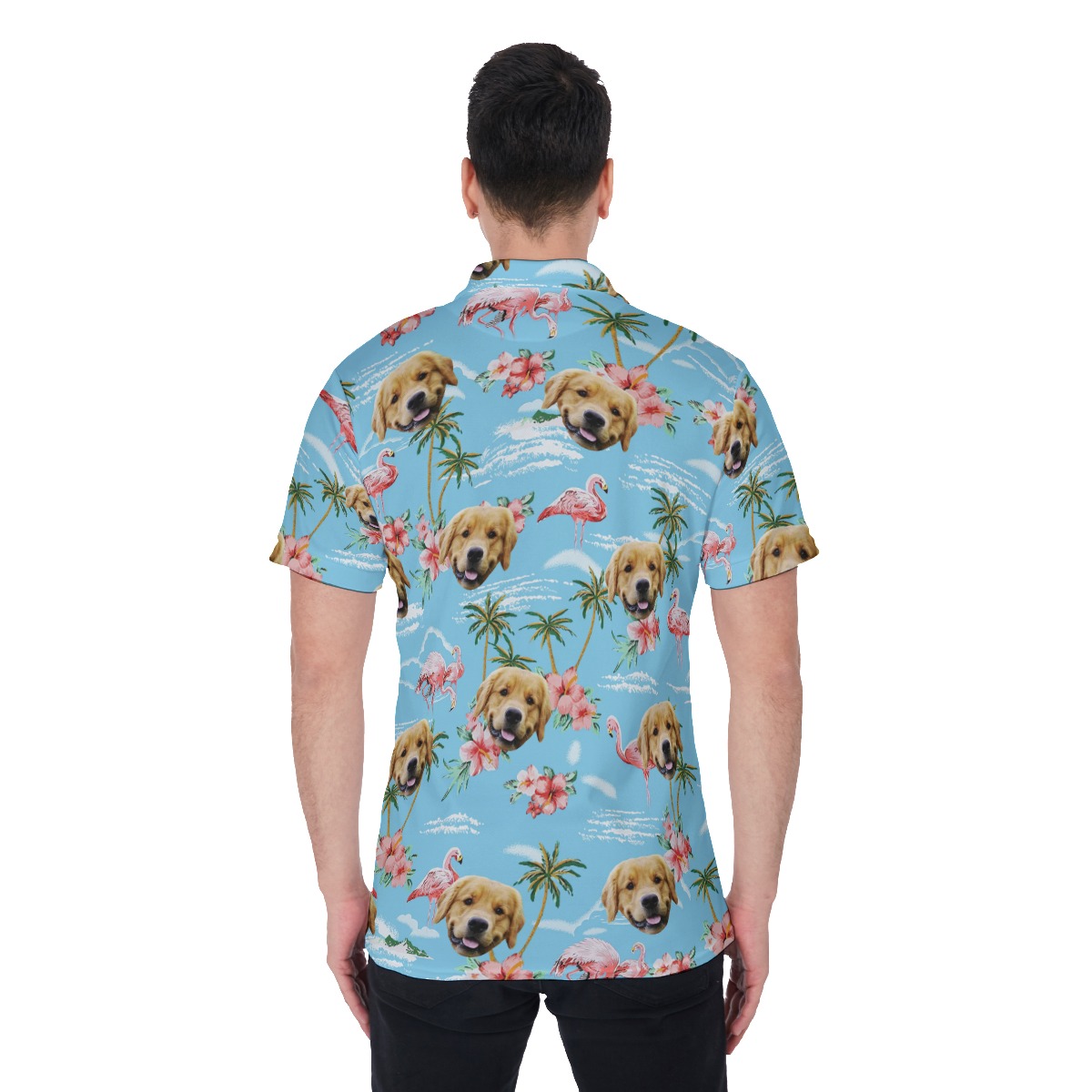 Light Blue Flamingo Beach Polo Shirt With Dog Face