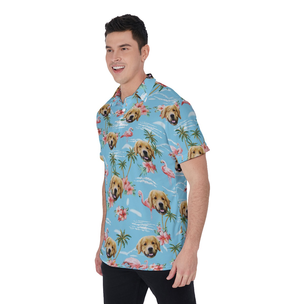 Light Blue Flamingo Beach Polo Shirt With Dog Face