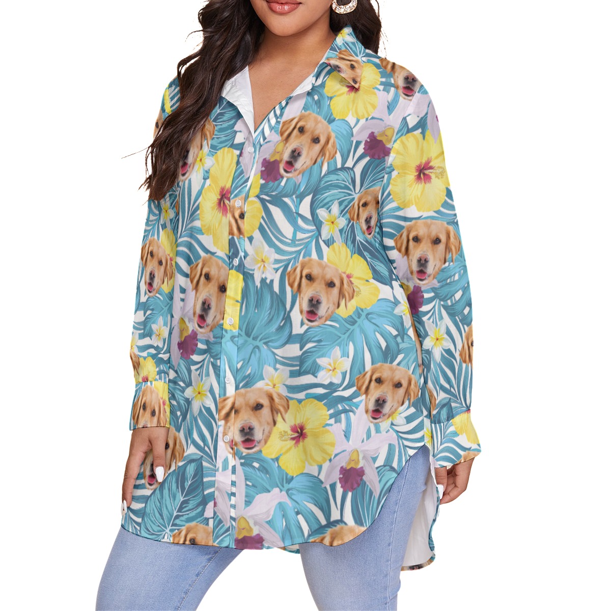 Custom Pet Face Women's Plus Size Hawaiian Shirt