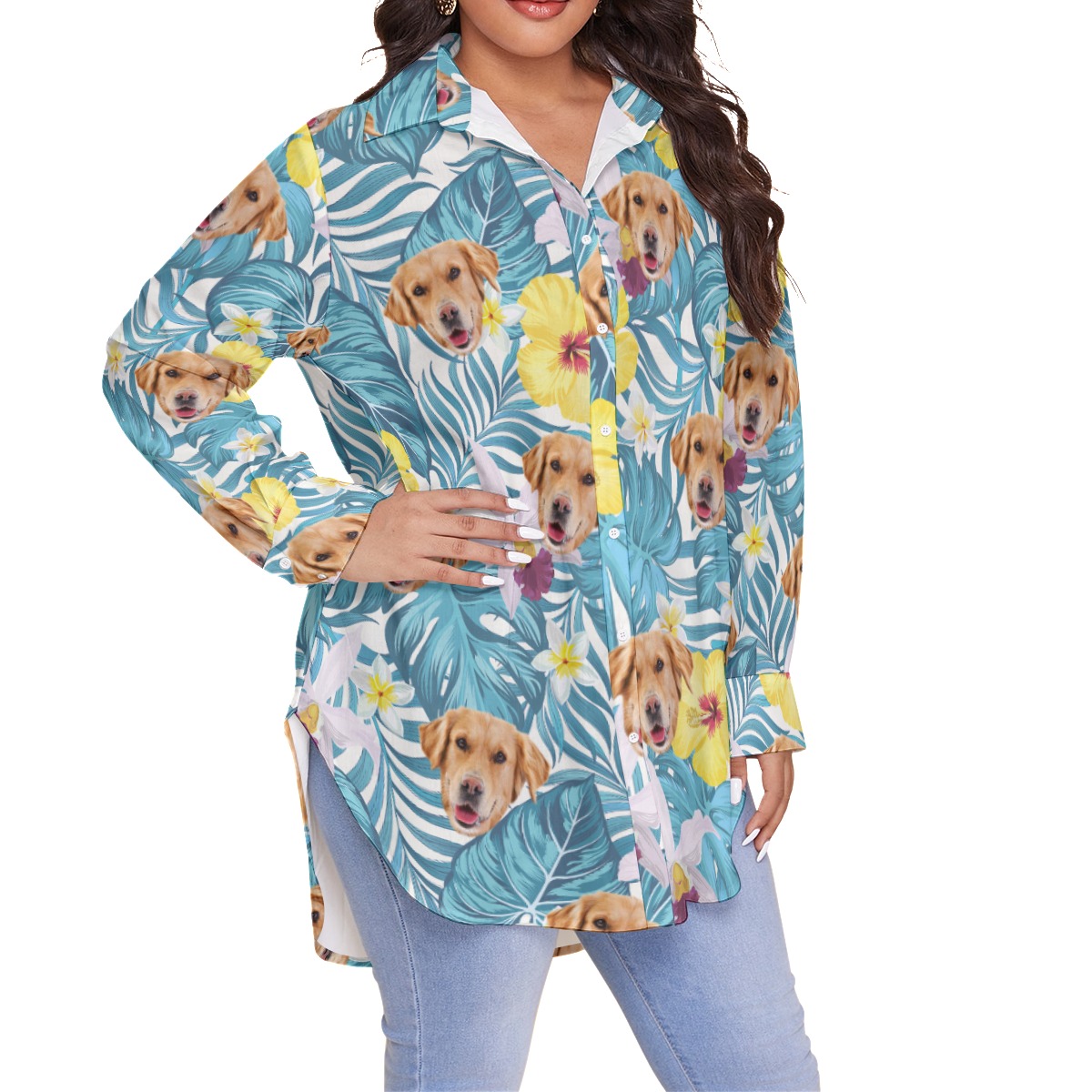 Custom Pet Face Women's Plus Size Hawaiian Shirt