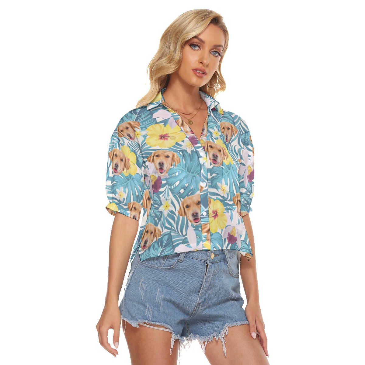 Women's Cropped Hawaiian Shirt With Dog Face