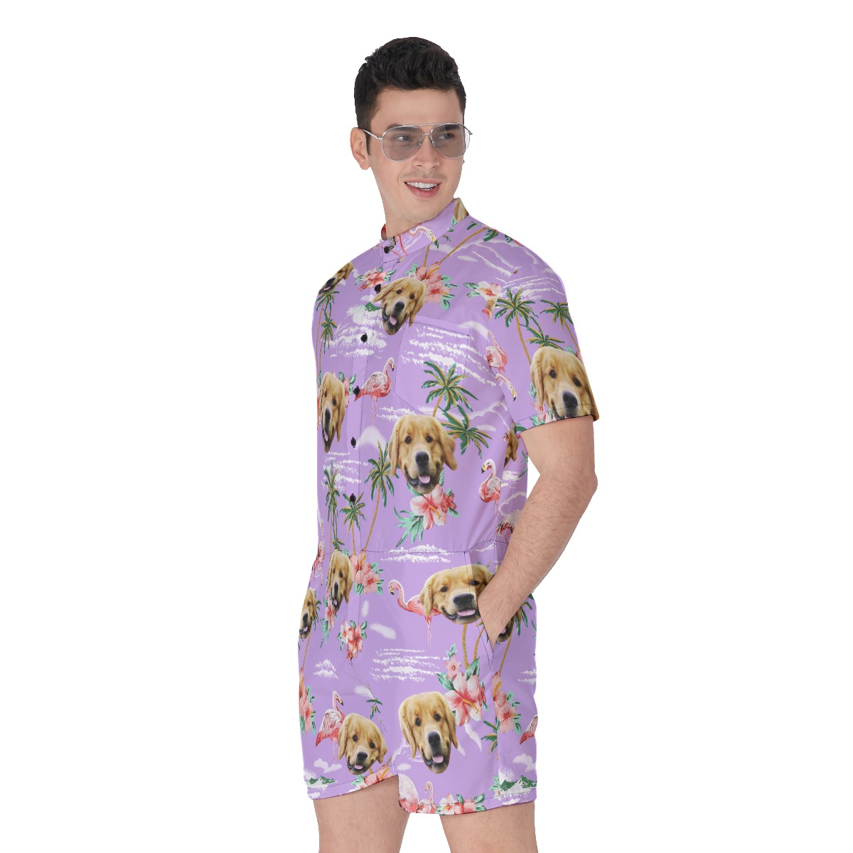 Flamingo Purple Beach Men's Hawaiian Romper With Dog Face