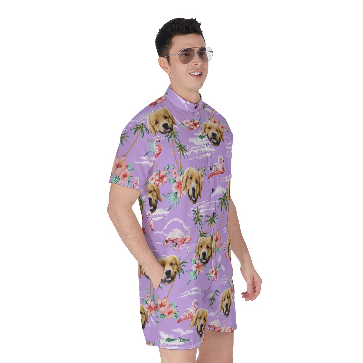 Flamingo Purple Beach Men's Hawaiian Romper With Dog Face