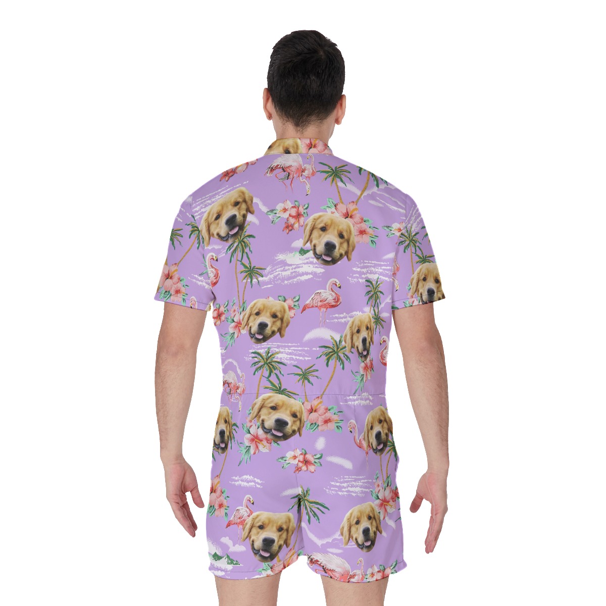 Flamingo Purple Beach Men's Hawaiian Romper With Dog Face