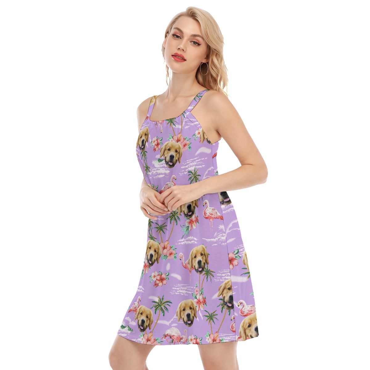 Flamingo Purple Women's Cami Dress With Dog Face