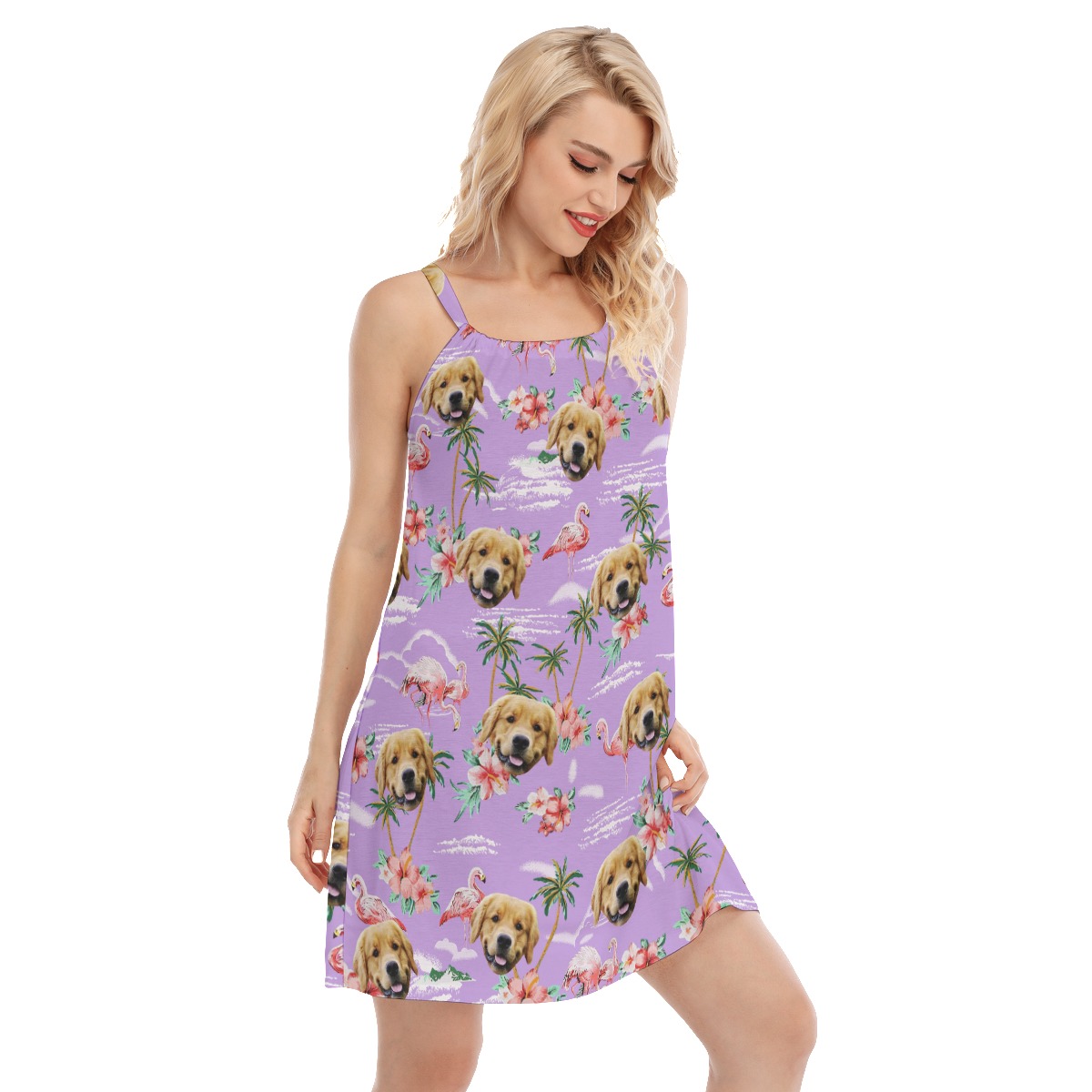 Flamingo Purple Women's Cami Dress With Dog Face