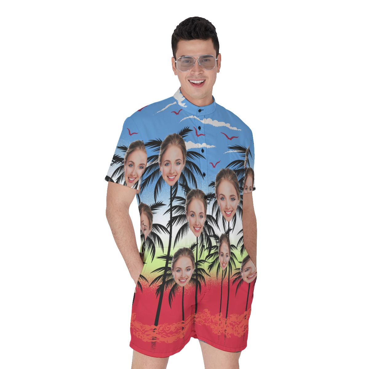 Custom Face Palm Tree Hawaiian Romper For Men - variant image 1