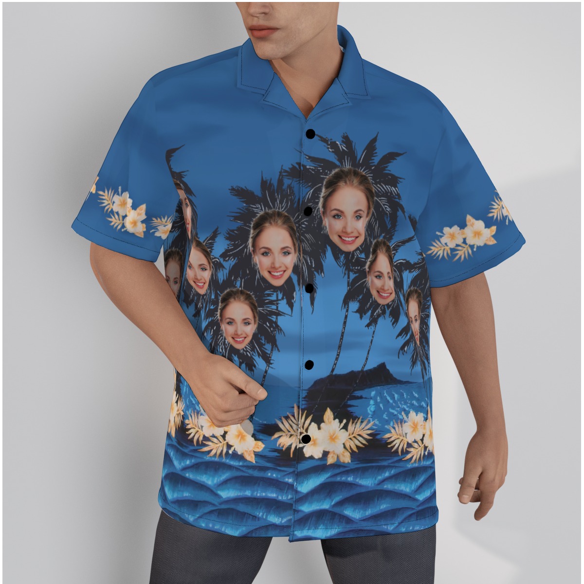 Funny Palm Tree Custom Face Blue Hawaiian Shirt For Men - variant image 1