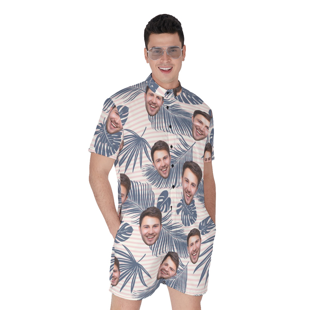 Striped Leaf Tropical Men's Hawaiian Romper With Multi Faces - variant image 1