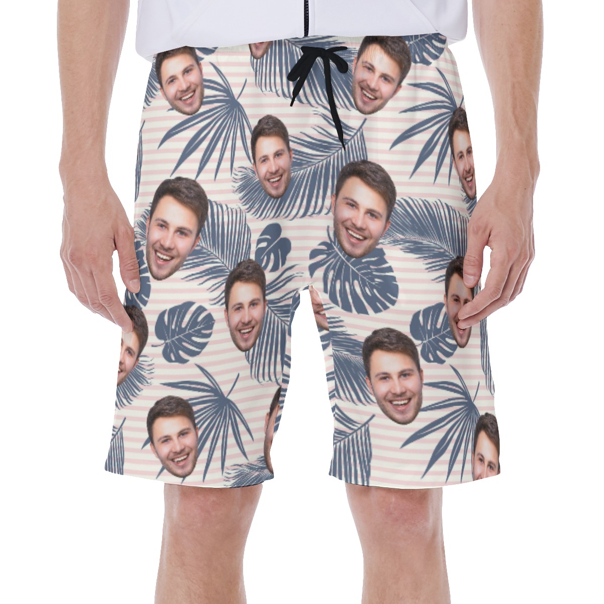 Striped Tropical Leaf Men's Polo Shirt With Custom Face - variant image 1