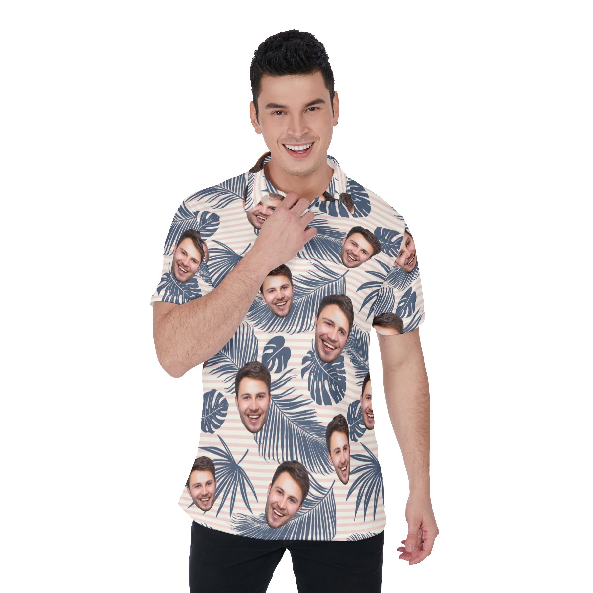 Tropical Leaf Custom Face Striped Men's Hawaiian Polo Shirt - variant image 1